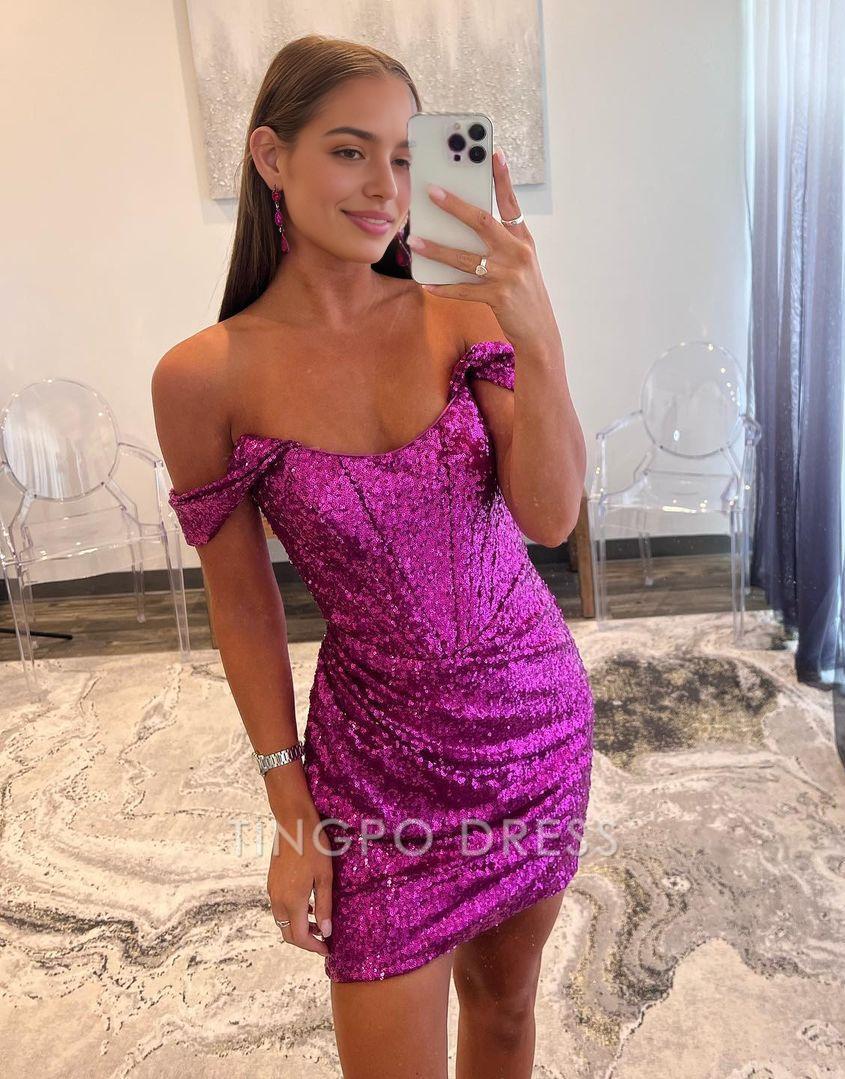 TingPo Wholesale Elegant Sparkly Sequin Off The Shoulder Short Party Dress formal wear dresses